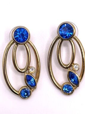 Vintage 80's Pierced Post Gold Tone Blue Rhinestone Earrings